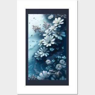 White-blue flowers on a blue background Posters and Art